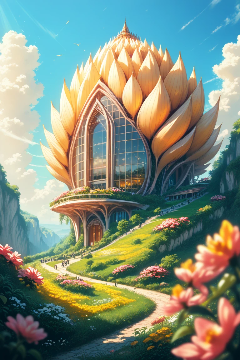 score_9, score_8_up, score_7_up, source_anime, rating_safe, day, yellow theme, monochrome, fantasy-flower structure focus, Daflower, Daflower_architecture, Nclutter, floating magic circle, scenery, intricately detailed illustration, atmospheric perspective, depth of field