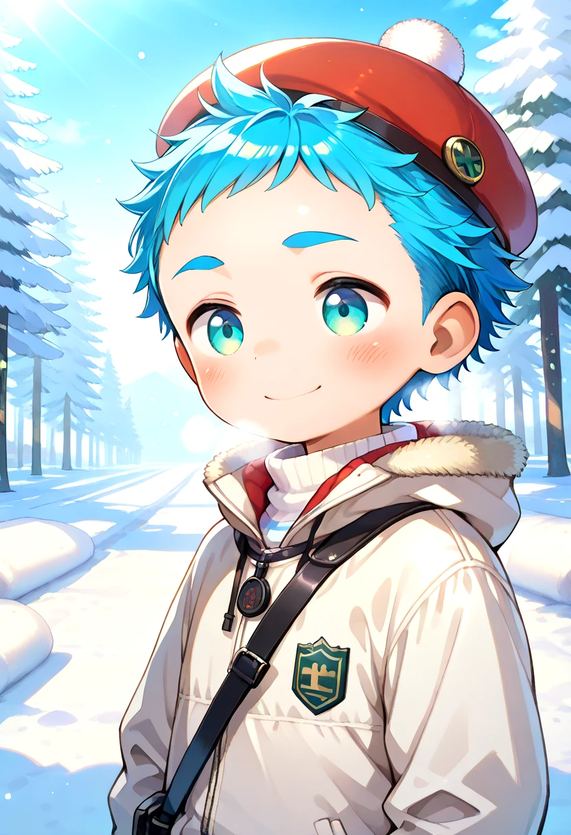 petite, young, solo, child, anime style,
 <lora:cutifiedanimecharacterdesign_variant_type_H_IL_v10:1>
blush, smile, short hair, blonde hair, long sleeves, 1boy, hat, holding, closed mouth, green eyes, blue hair, jacket, upper body, male focus, multicolored hair, outdoors, sky, solo focus, virtual youtuber, blurry, aqua eyes, sweater, tree, streaked hair, fur trim, thick eyebrows, snow, snowing, white sweater,