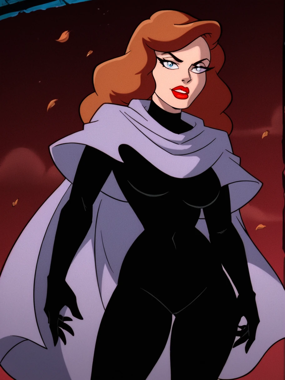 score_9, score_8_up, score_7_up, rating_questionable, zPDXL, 2d source_cartoon, (adult:1.2), facing the viewer, 1girl,  looking at the viewer
<lora:Phantasm_BTAS_Andrea_Beaumont_Pony:1> andrea, brown hair, red lips, cloak, cape, black bodysuit, retro artstyle, hips, thighs,âââ