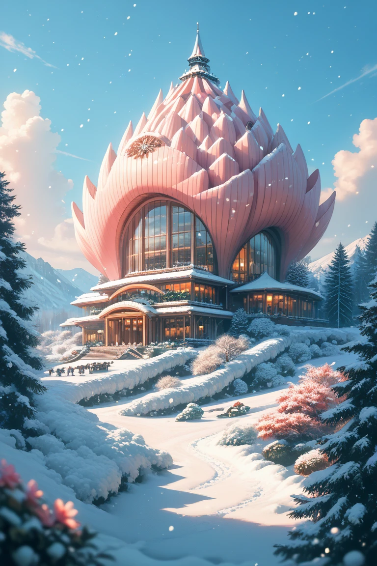 score_9, score_8_up, score_7_up, source_anime, rating_safe, day, natural lighting, winter theme, snow, snowing, snowflake, fantasy-flower structure focus, Daflower, Daflower_architecture, Nclutter, Mclutter, scenery, Christmas, intricately detailed illustration, atmospheric perspective, depth of field