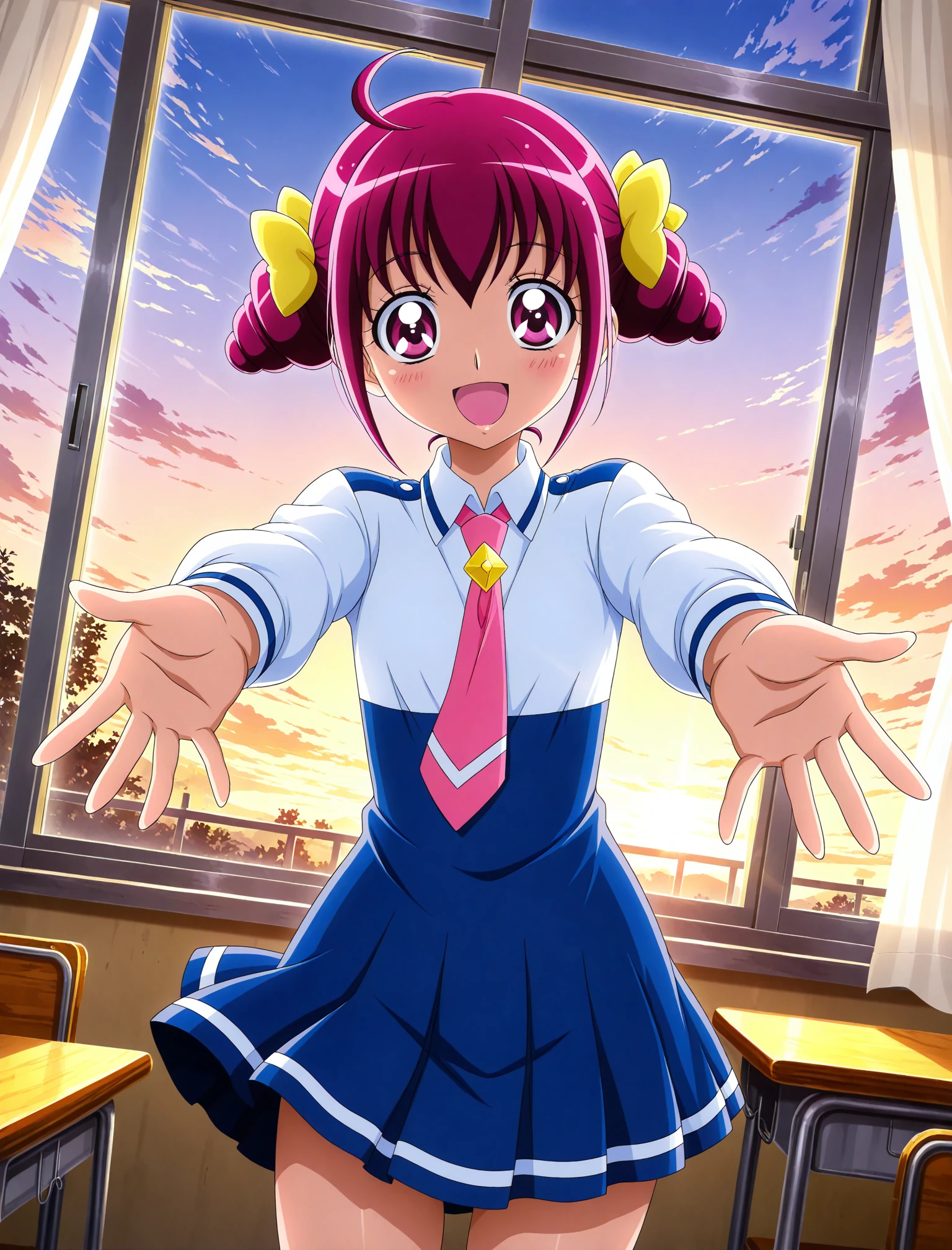 official style, 
1girl, solo, 
hoshizora miyuki, smile precure!, pink hair, twin drills, pink eyes, nanairogaoka ************* uniform, pink necktie, 
dutch angle, posing, blush, imminent hug, incoming hug, sunset, school classroom, window, curtain, wind, masterpiece, best quality, amazing quality, very aesthetic, absurdres