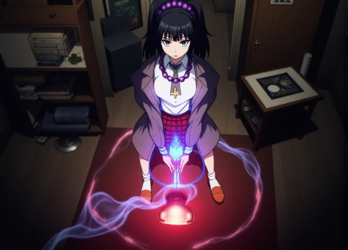 <lora:Mistoon_Anime_Flux:0.7> , anime. , bird's eye view <lora:Mikako_Kurokawa_Flux:1.1>,  This is an anime screencap from Danganronpa 3.  Mikako Kurokawa is a tall young woman with slender physique. She has pale light skin, black eyes, and unkempt black hair tied in a ponytail with a vivid purple beaded scrunchie. She has bags under her eyes and a tired expression. Mikako is wearing her Hope's Peak uniform which consists of a white short-sleeved dress shirt with side pockets and short light gray necktie, red plaid skirt, white midcalf-length socks, and deep orange-brown loafers. Over her clothes, she wears a grayish brown jacket. She also wears a golden cross necklace and large purple prayer beads as a necklace.  loving expression Mikako Kurokawa stands in her dorm room, which is filled with protective talismans and ritual implements. She's in the process of cleansing a cursed object, causing it to emit an ominous red glow that contrasts with the blue spiritual energy emanating from her hands.