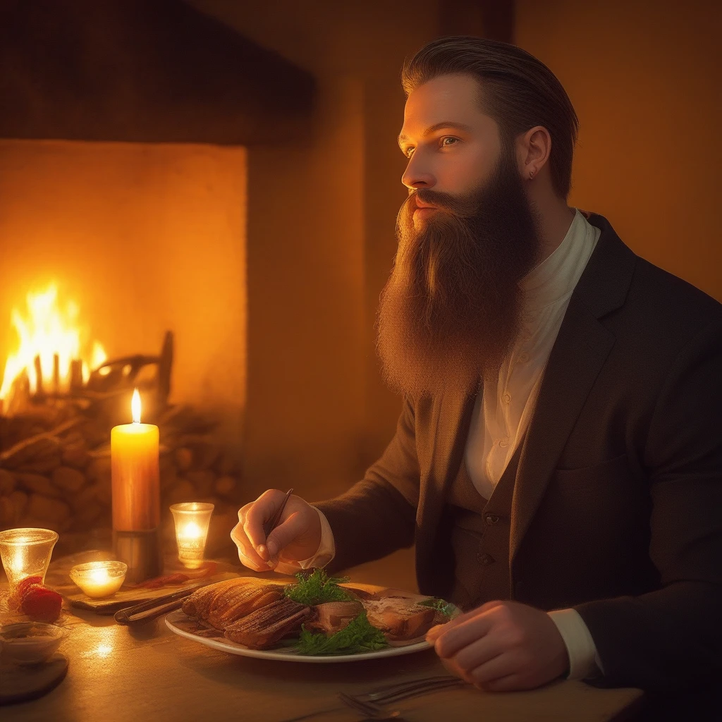 fireplace, food focus, outdoors, beard, candle