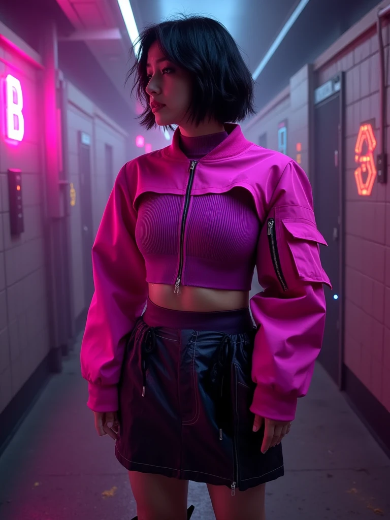 mad-cbrpnkjckt01, woman wearing neon magenta croptop and shrug \(clothing\),  skirt, boots, layered hair, short hair, dark blonde, underground hacker den <lora:Cyberpunk_Jacket_01_FLUX:1.2>