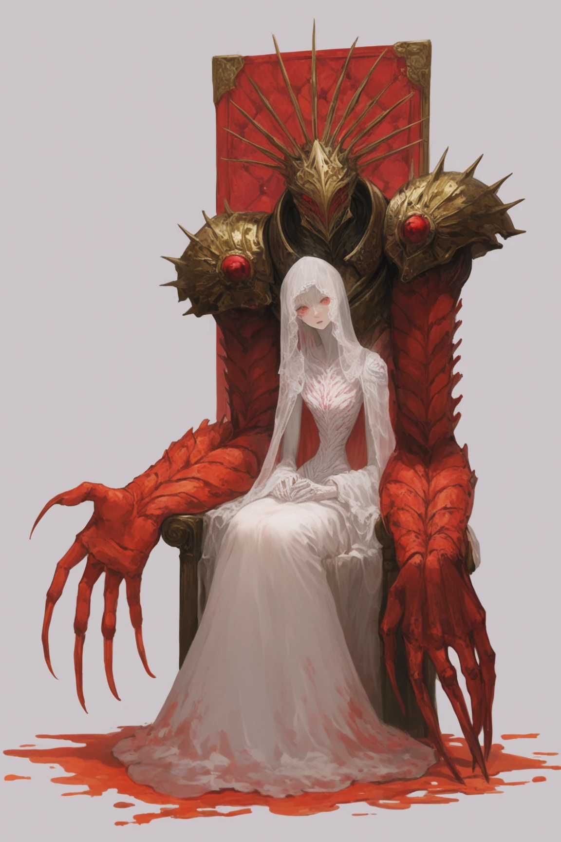 (monmon2133), (vibrant colors, saturated), \n1girl,deity behind girl, duo, protecting, wedding gown, white gown, white veil, \nlooking at viewer, throne, sitting\nhuge arms, large arms, armored arms, colorful arms, large hands, claws, corrupted, arms down, white skin, large shoulder pads, pauldron, slender, skinny, 1girl, long hair, simple background, white background, parted lips, slending, narrow waist, long legs
