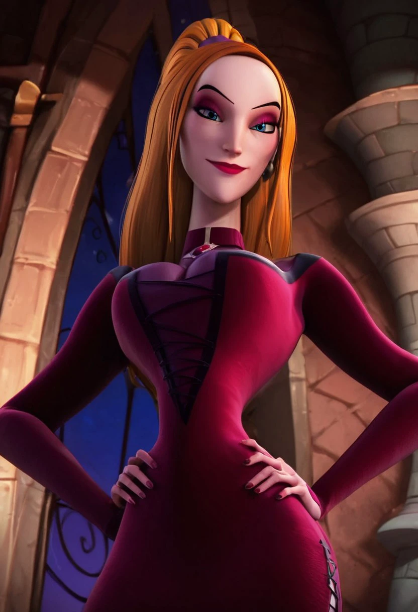 frieda (hna red dress), 1girl, redhead, orange hair, long hair, high ponytail, makeup, makeup, lipstick, red lips, eyeshadow, blue eyes, jewelry, earrings, thin body, choker, corset, dress, dark red purple dress, cleavage, score_8_up, score_7_up, BREAK, 1girl, solo, looking at viewer, cute, smirk, from below, hands on hips, head tilt, female focus, looking at viewer, castle background, detailed background, 4k, masterpiece, best quality, highly detailed, realistic, 3d,
 Expressiveh