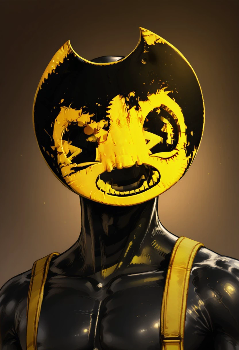 Sammy Lawrence, Inky body, black body, cartoon character mask, Monster, Muscular, Male, Black and Yellow colours, Portrait