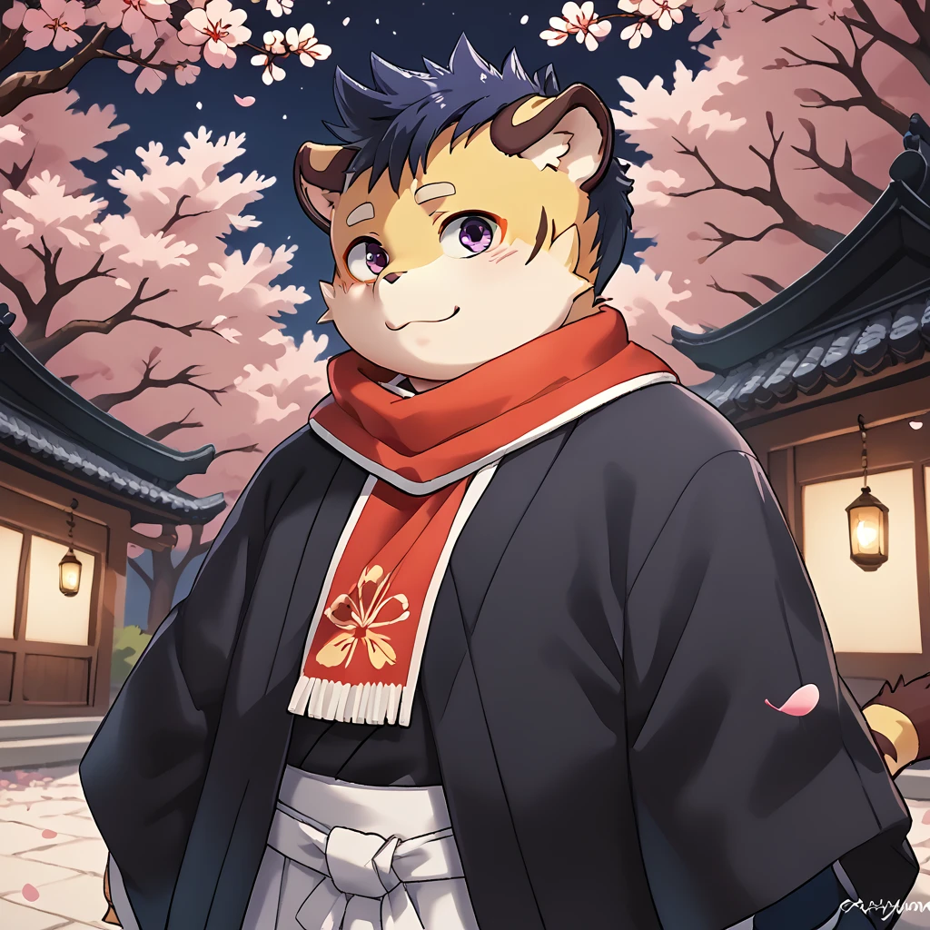 score_9, score_8_up, score_7_up, source_anime, <lora:kai-v4:0.8>, tkai, 1boy, anthropomorphism tiger, young, fat, solo, colored scarf, black_haori, black_kimono under clothes, white hakama, cherry blossoms, upper body, outdoors, night, floating_petals,  <lora:Eyes_Lora_Pony_Perfect_eyes:1> eye_focus, looking_at_viewer