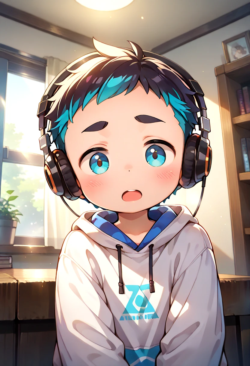 petite, young, solo, child, anime style,
 <lora:cutifiedanimecharacterdesign_variant_type_H_IL_v10:1>
type-h,  solo, looking at viewer, blush, short hair, open mouth, blue eyes, long sleeves, 1boy, dark blue hair, male focus, multicolored hair, indoors, hood, two-tone hair, window, hoodie, headphones, thick eyebrows, bookshelf