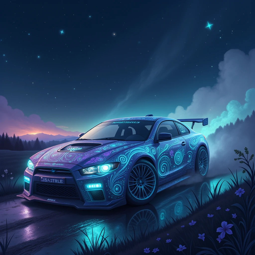 mystical glow stye,a car,realistic,