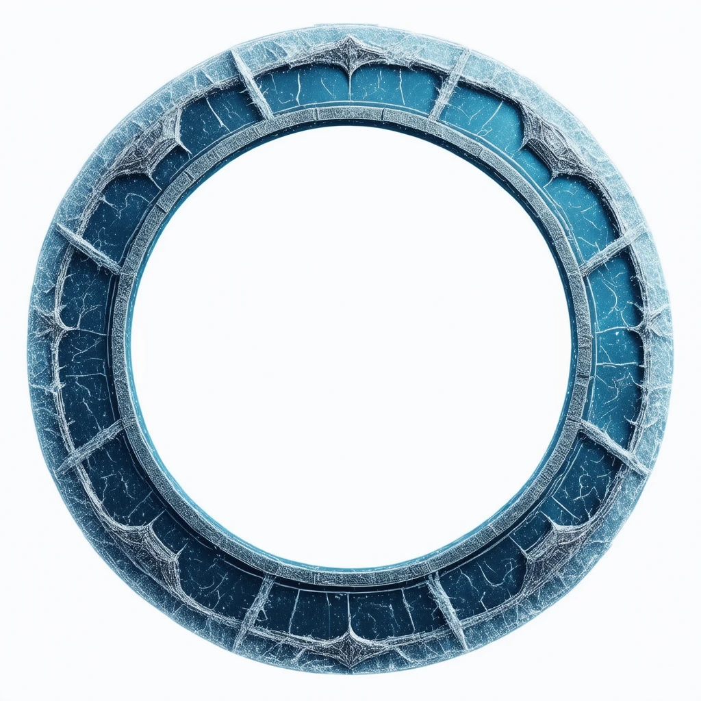 a photorealistic circular tokenframe on a white background with an empty white centre.
the design is of ice armor. The token frame is thin but ornate
