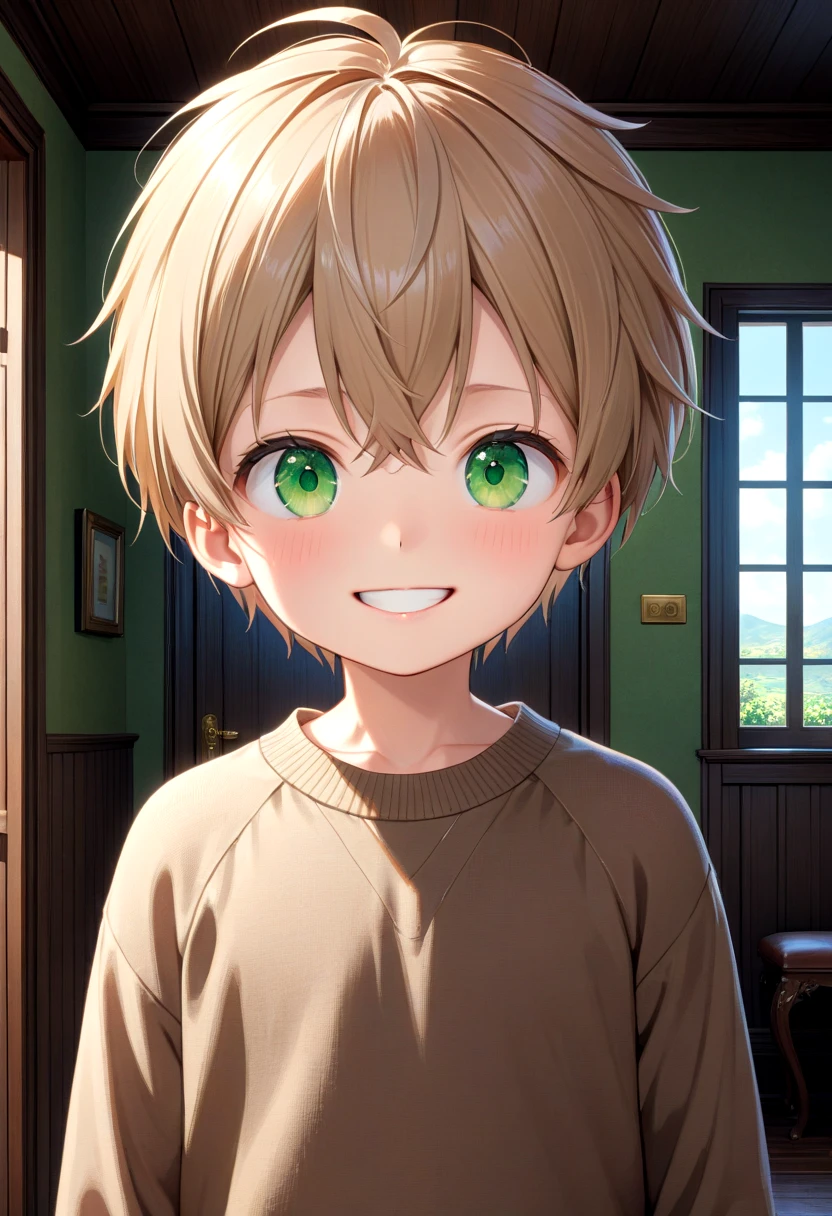 straight on shot, standing,detailed eyes,
inside house, loved face expression,
 <lora:cutifiedanimecharacterdesign_variant_type_F_XL_v10:1>, 1boy, type-f, light brown hair, light green eyes, petite, young, solo, brown sweater, aged down, grin
(masterpiece:1.2), best quality, high resolution, unity 8k wallpaper, (illustration:0.8), (beautiful detailed eyes:1.6), extremely detailed face, perfect lighting, extremely detailed CG, (perfect anatomy),