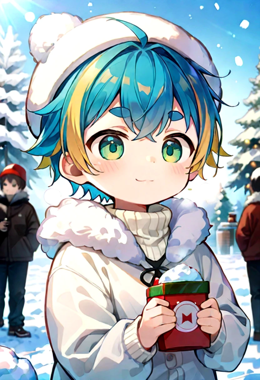 petite, young, solo, child, anime style,
 <lora:cutifiedanimecharacterdesign_variant_type_H_IL_v10:1>
blush, smile, short hair, blonde hair, long sleeves, 1boy, hat, holding, closed mouth, green eyes, blue hair, jacket, upper body, male focus, multicolored hair, outdoors, sky, solo focus, virtual youtuber, blurry, aqua eyes, sweater, tree, streaked hair, fur trim, thick eyebrows, snow, snowing, white sweater,