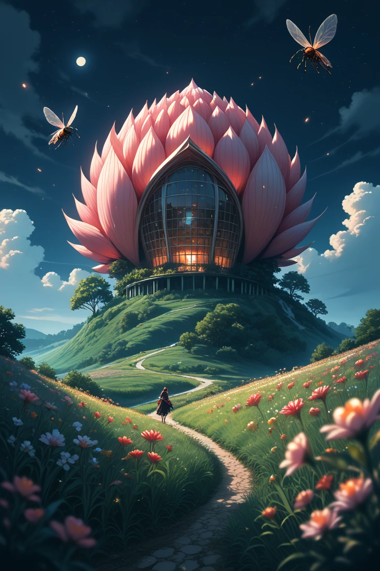 score_9, score_8_up, score_7_up, source_anime, rating_safe, day, natural lighting, night, midnight, dark, dark environment, spring theme, flower field, fireflies, fantasy-flower structure focus, Daflower, Daflower_architecture, Nclutter, grass field, scenery, intricately detailed illustration, atmospheric perspective, depth of field