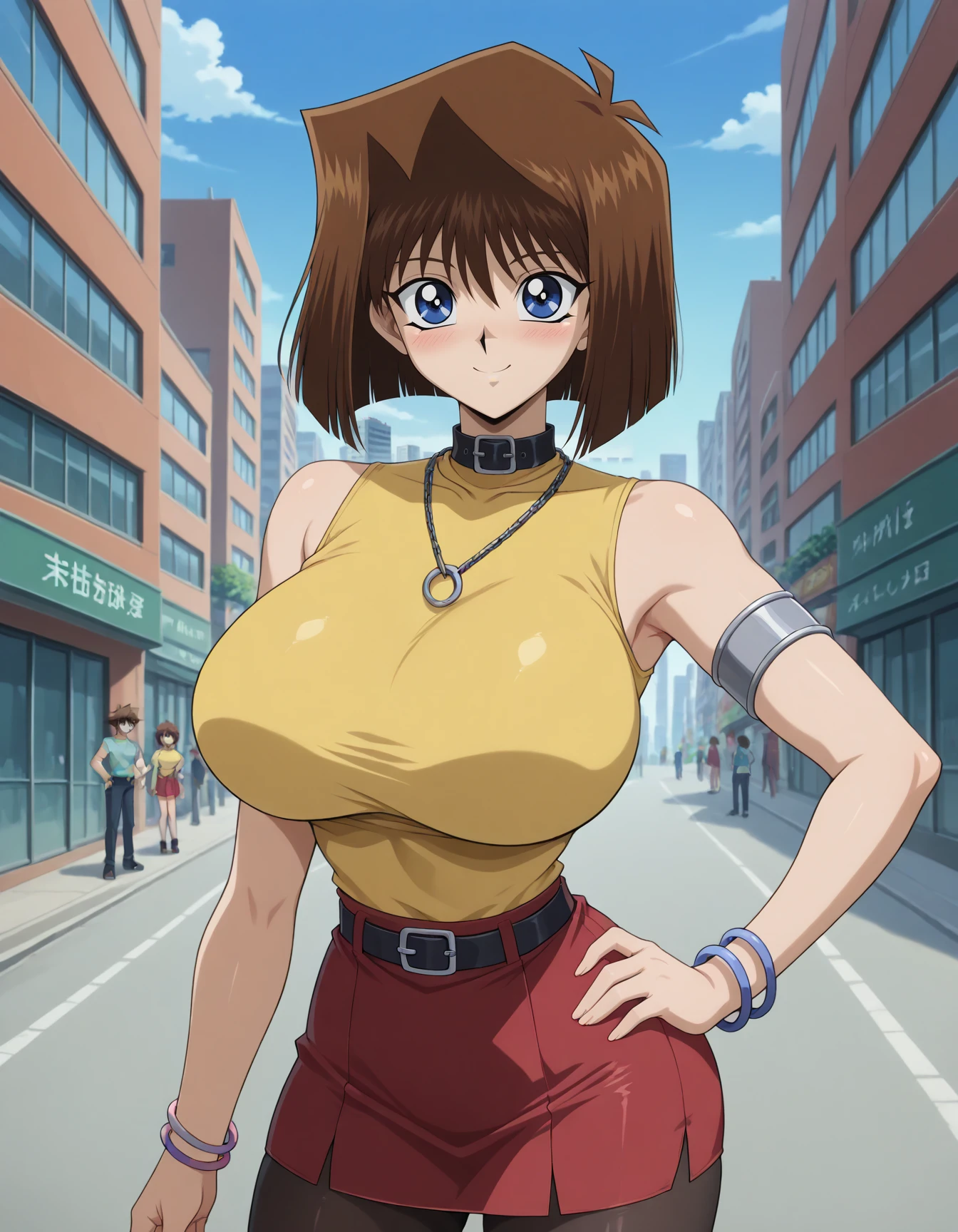 amazing quality,very aesthetic,absurdres,best quality,newest,masterpiece,<lora:Anzu_MazakiNoobXAI:0.7>,brown hair,short hair,blue eyes,athletic sexy body,slim waist,huge breasts,anzumazakispe,yellow turtleneck shirt with black collar,sleeveless,red skirt,black belt,metal circle necklace,black thigh-high,black stockings,outdoors,city,sky,blush,smile,bracelets,metal arm band,one hand on hip,upper body,yu-gi-oh! duel monsters,Takahashi Kazuki style,colorful,