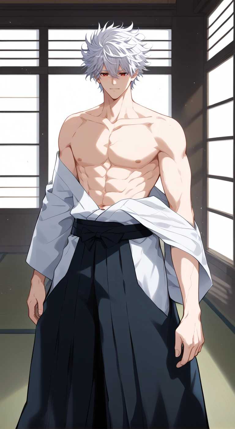 1boy,solo,male focus,japanese clothes,hakama,kimono,dojo,white hair,red eyes,messy hair,bare shoulder,bare arm,mature male,emotionless,toned male,noname,toned male