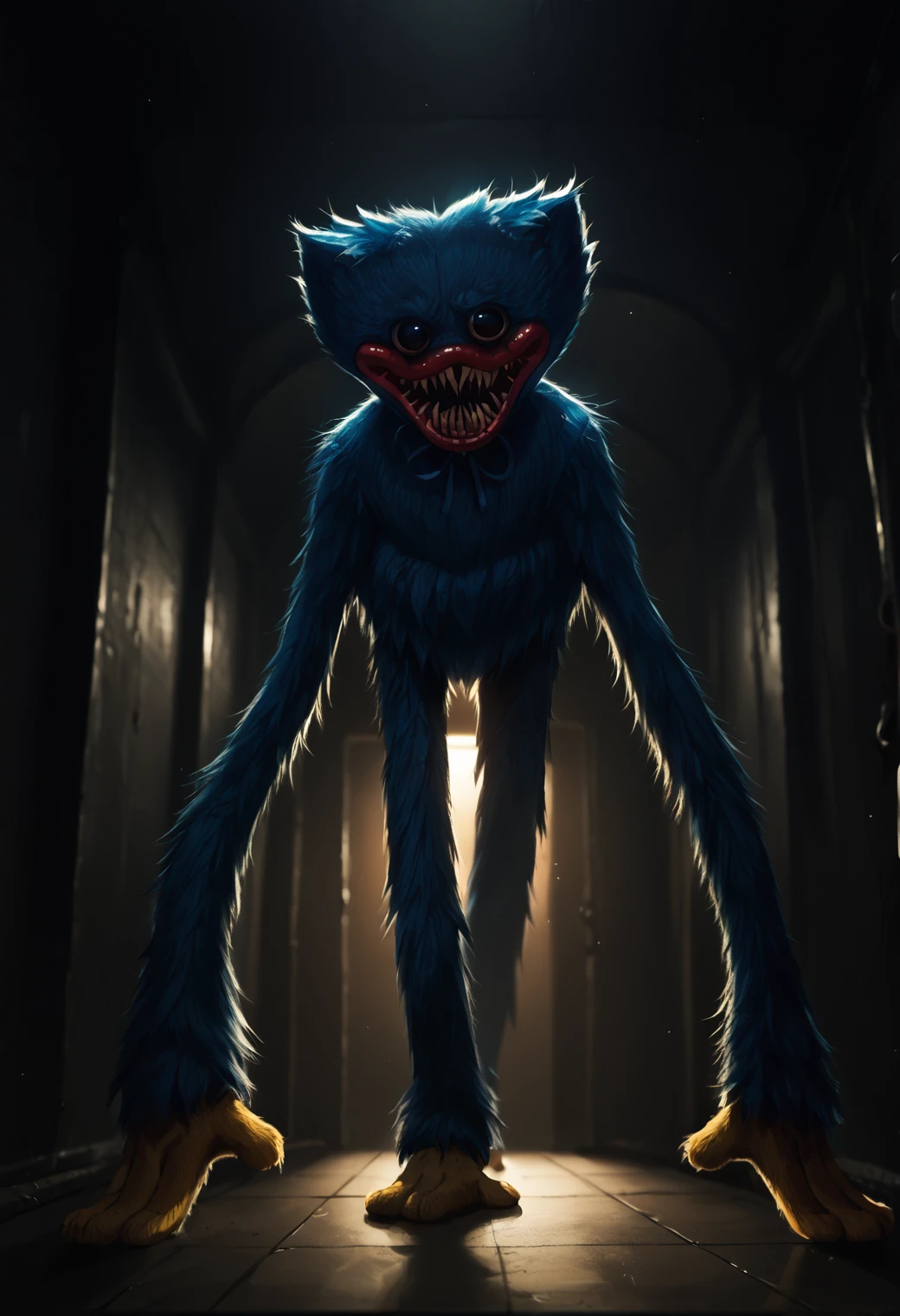 score_9, score_8_up, score_7_up, score_6_up, source_furry, dof, full-length portrait, solo,  <lora:CHARACTER_HUGGY_WUGGY_Poppys_Playtime:1> huggy_wuggy, blue body, long limbs, dark background, interior, scary background, dark shadows, high contrast, cinematic, dynamic angle,  <lora:dark_v1.9-pony:0.4> dark theme, dim lighting, dark background, dark room, backlighting,