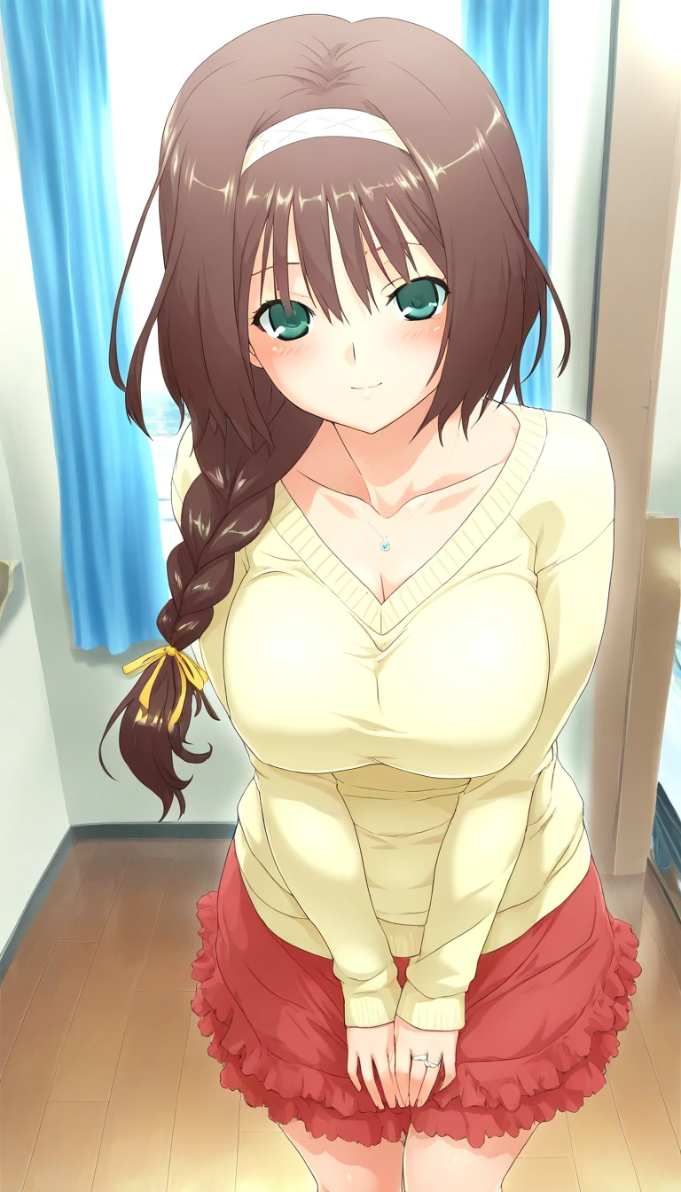 masterpiece, best quality, good quality, <lora:Machida_Haruka_IS:1>Machida_Haruka, brown hair, green eyes, large breasts, white hairband, single braid, long hair, hair ribbon,Yellow ribbon, light smile,
 solo, brown hair,  jewelry, braid, long hair, red skirt, necklace, ring, Yellow sweater, V arms,
home in the room, flooring, curtain,
smile,looking at viewer, cowboy_Shot,