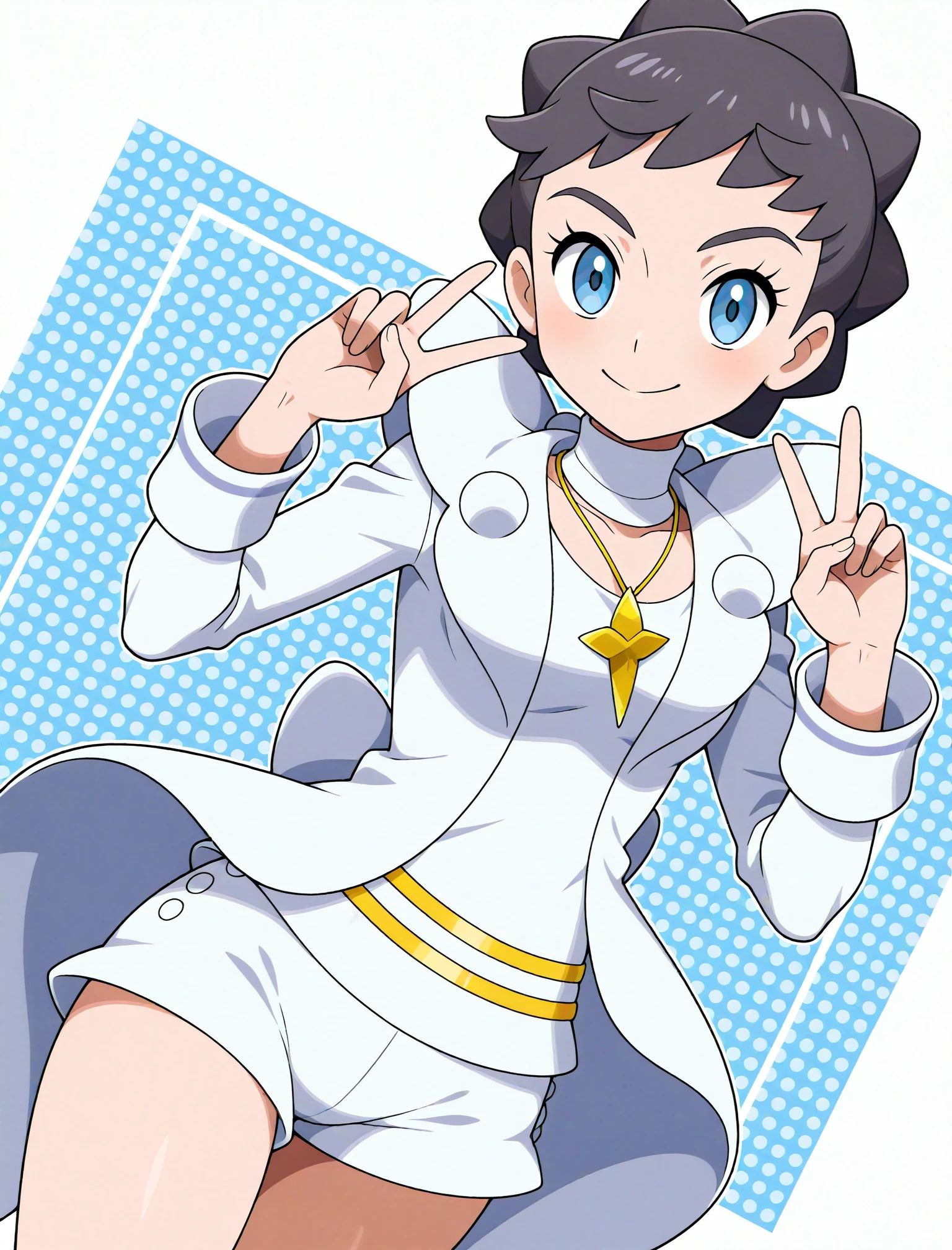 official style,
1girl, solo,
diantha \(pokemon\), pokemon xy, black hair, blue eyes, white shirt, white jacket, white shorts, short shorts, dutch angle, double v, smile,, masterpiece, best quality, amazing quality, very aesthetic, absurdres