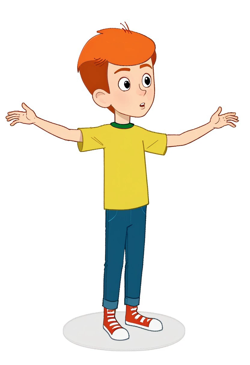 fyodor, 1boy, solo male, yellow shirt, green collar, short hair, orange hair, black eyes, pants, blue pants, t-shirt, rolled jeans, red footwear with white toes, red sneakers, white background, balancing pose