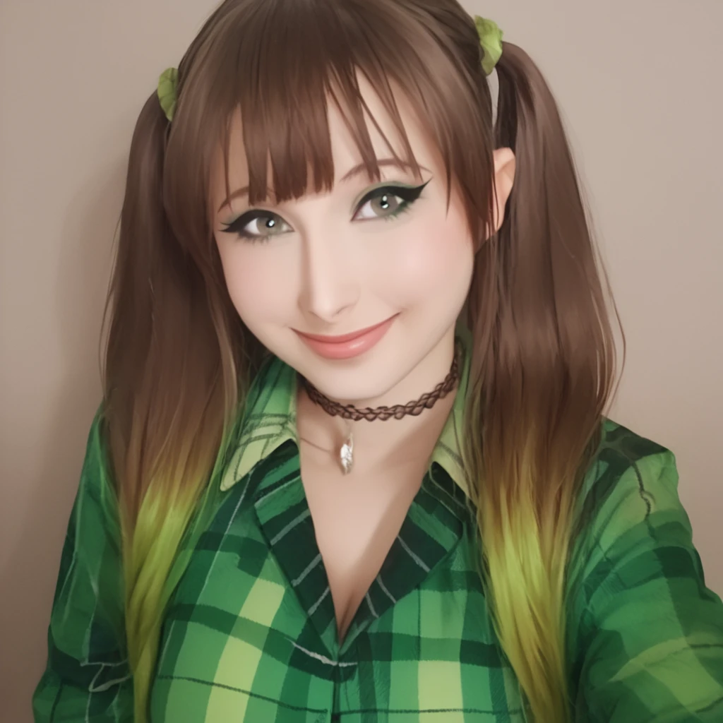 masterpiece, best quality,   <lora:Goosaphone_v2:1>,g00saph0n3, 1girl, solo, breasts, brown hair, smile, shirt, twintails, choker, multicolored hair, plaid, plaid shirt, long hair, green hair, realistic, upper body, green eyes, green plaid, eyeshadow, bangs, lips