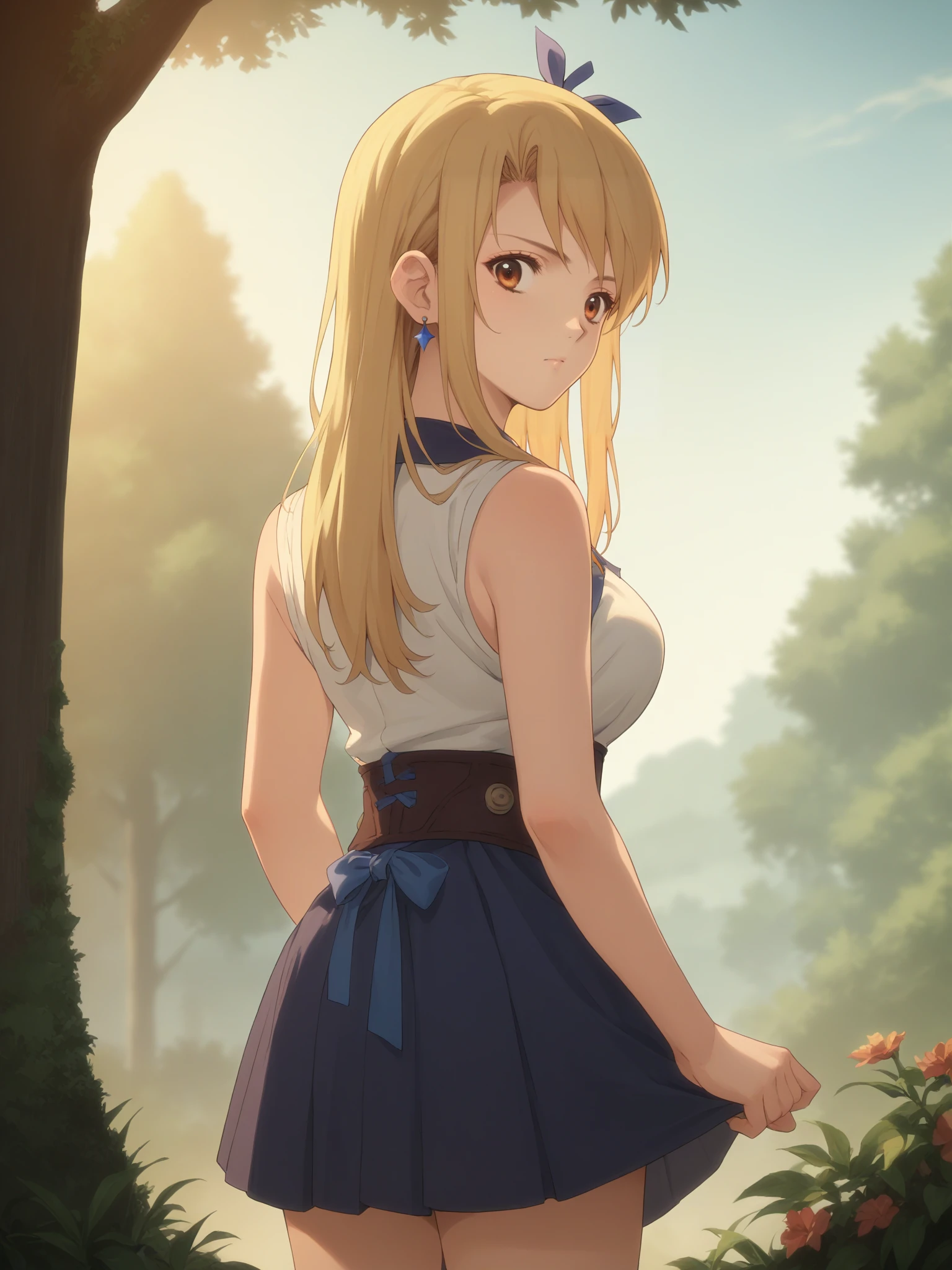 score_9, score_8_up, score_7_up, score_6_up, score_5_up, source_anime, smooth_anime,
Lucy_Heartfilia, 1girl, solo, brown_eyes, blonde_hair, ribbon, hair_ribbon, looking_at_viewer, long_hair, outdoors, jewelry, earrings, breasts, looking_back, sleeveless, blue_ribbon, skirt, shirt, tree, large_breasts, sleeveless_shirt, blue_skirt, long_skirt, day
 <lora:Kabaneri_of_the_Iron_Fortress:1>