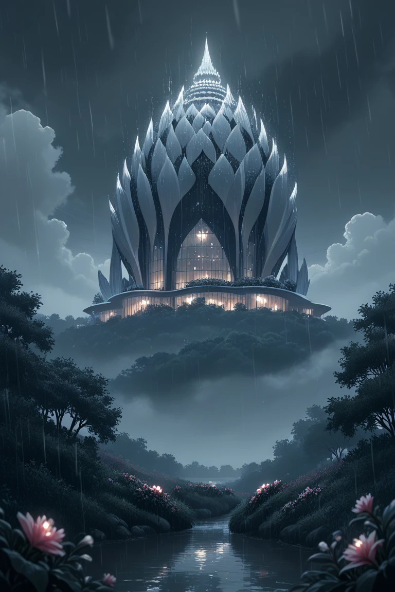 score_9, score_8_up, score_7_up, source_anime, rating_safe, raining, rain, downpour, gloomy, mist, fog, monochrome, fantasy-flower structure focus, Daflower, Daflower_architecture, Nclutter, cloudy sky, dark sky, flood, water, cityscape, scenery, intricately detailed illustration, atmospheric perspective, depth of field