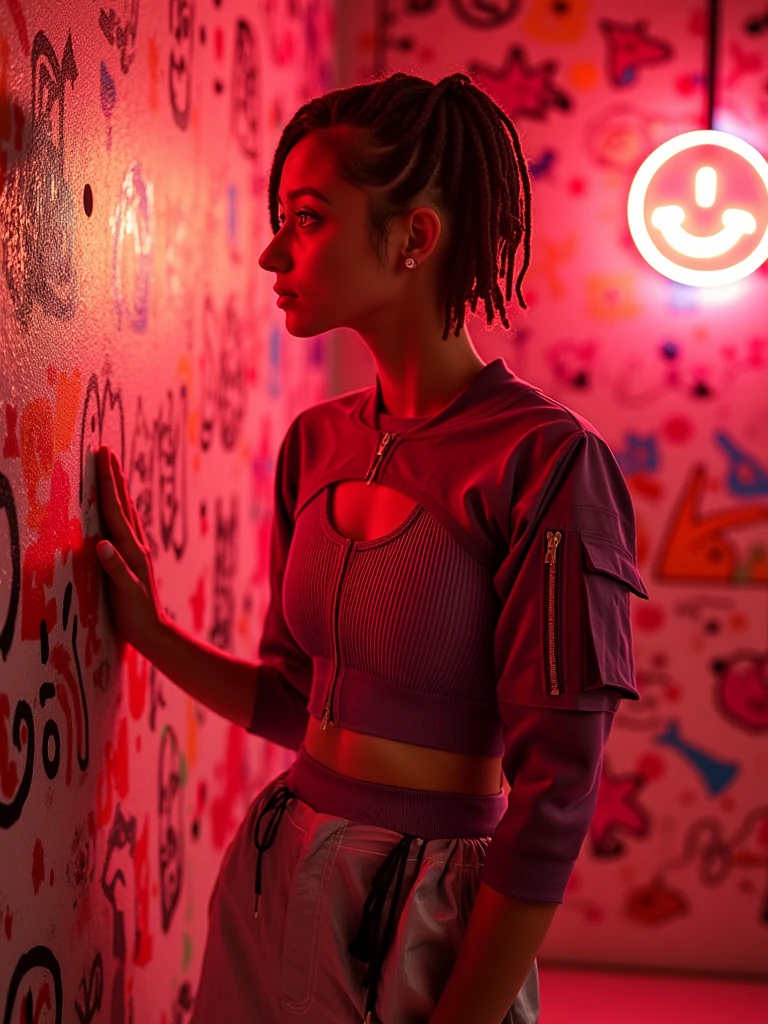 mad-cbrpnkjckt01, woman wearing croptop and shrugs,  short shorts, cornrows, short hair, red, holographic graffiti wall <lora:Cyberpunk_Jacket_01_FLUX:1.2>