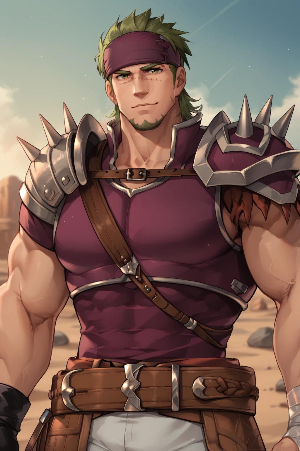 Gerik, safe_pos, score_9, score_8_up, score_7_up, 1_boy, mature_male, looking_at_viewer, pov_eye_contact, male_solo, bara, headband, goatee, facial hair, scar, armor, belt, gloves, bandages, fingerless gloves, shoulder armor, muscular_body, bara_man, handsome, masculine, sexually attractive man, huge man, muscular bodybuilder, slim waist, thin waist, huge pectorals, muscly, brawny, hunk, cowboy_shot, portrait, green eyes,  desert, sandy background, rocks, giant boulder, green eyebrows