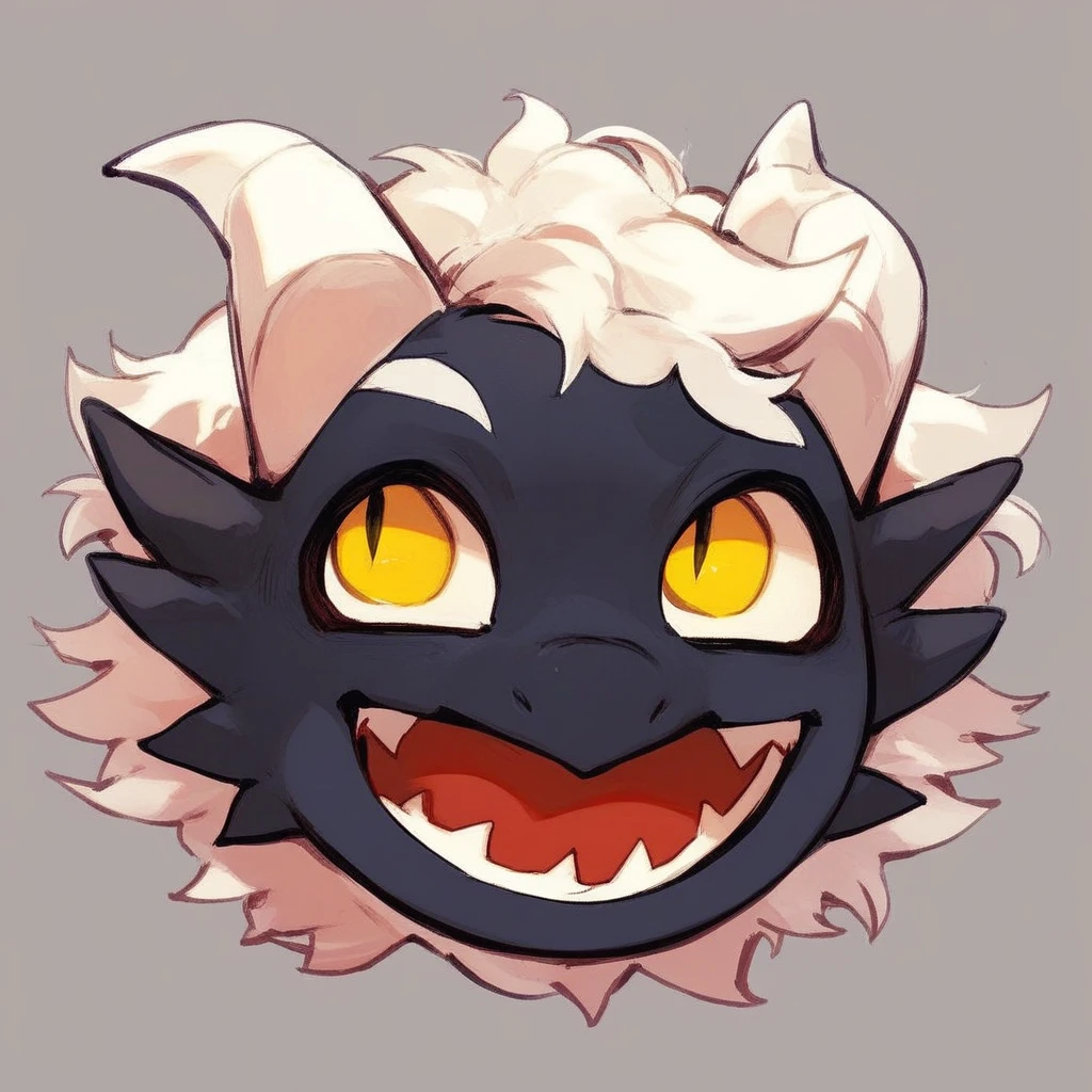 score_9, score_8, mikus-concept, face, smiling, wide grin, big eyes, only head. black fur, dragon, white horns, white hair, yellow eyes