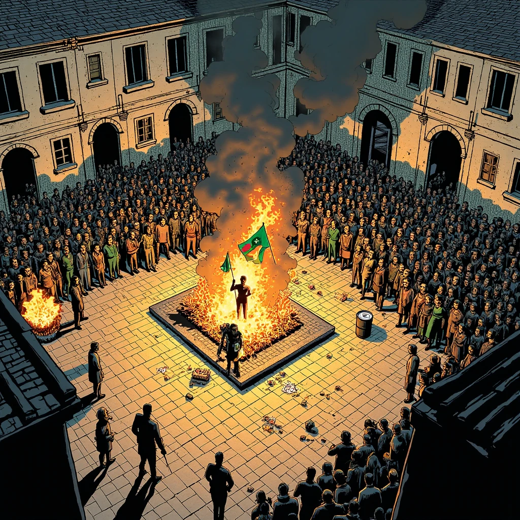 Imagine an image in graphic novel style: In a cobblestone plaza, a generic effigy in a suit burns on a raised platform surrounded by a dense crowd. A green flag is torn into pieces, some of which are tossed into a barrel fire nearby. The dramatic lighting emphasizes the chaos and intensity, with shadows stretching across the old stone buildings.