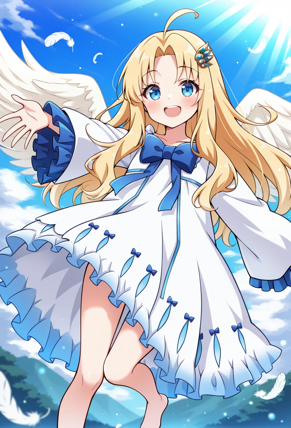 masterpiece, best quality, high quality, anime, <lora:AEFilo:1> AEFiloDef, blue eyes, blonde hair, long hair, parted bangs, ahoge,
white wings, feathered wings, hair ornament, white dress, blue bowtie, frilled dress, frilled sleeves, long sleeves, wide sleeves, barefoot,
smile, blue sky, outstretched arms, light particles, falling feathers,