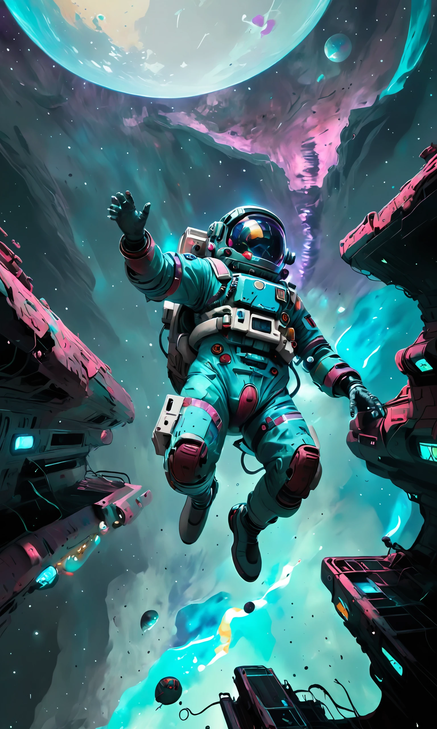 astronaut floating in space, mad-cybrpnkimprss, natural color palette, cyberpunk, impressionism, (masterpiece:1.2), best quality, (hyperdetailed, highest detailed:1.2), high resolution textures,,digital painting, artstation, concept art, smooth, sharp focus, illustration , photoshop thick acrylic brushes, Pale Turquoise and matte slate Medium Violet Red color scheme, sci-fi landscape, 16k <lora:vor_sci-fi.v1.sdxl.lora:1>