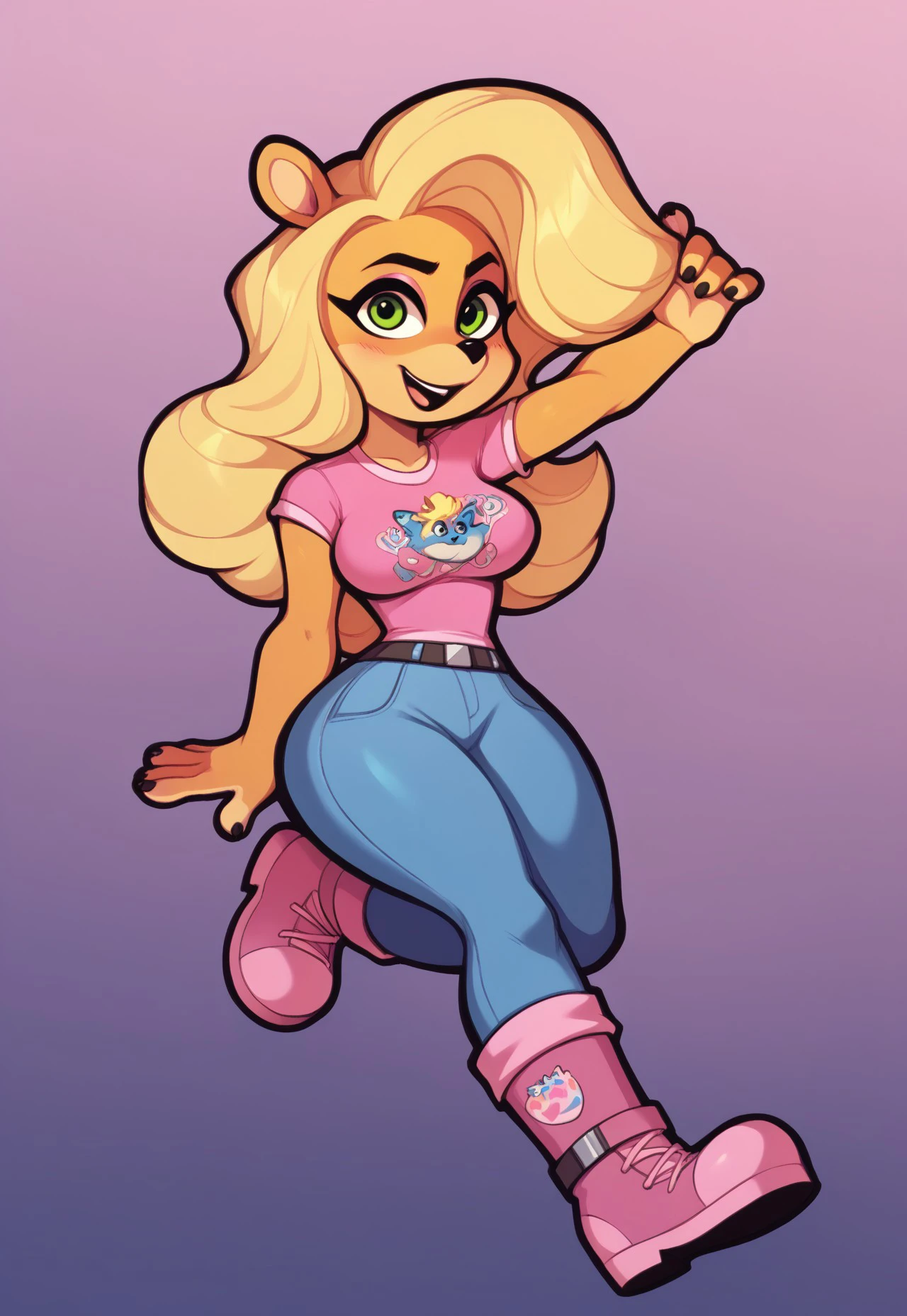 (masterpiece), ((perfect anatomy)), (high Res), (4k), bandicoot, green eyes, blonde hair, huge breast, wide hips, (((pink shirt))), (((pink shorts))), happy, (lego artstyle), (((solo))), narrow waist