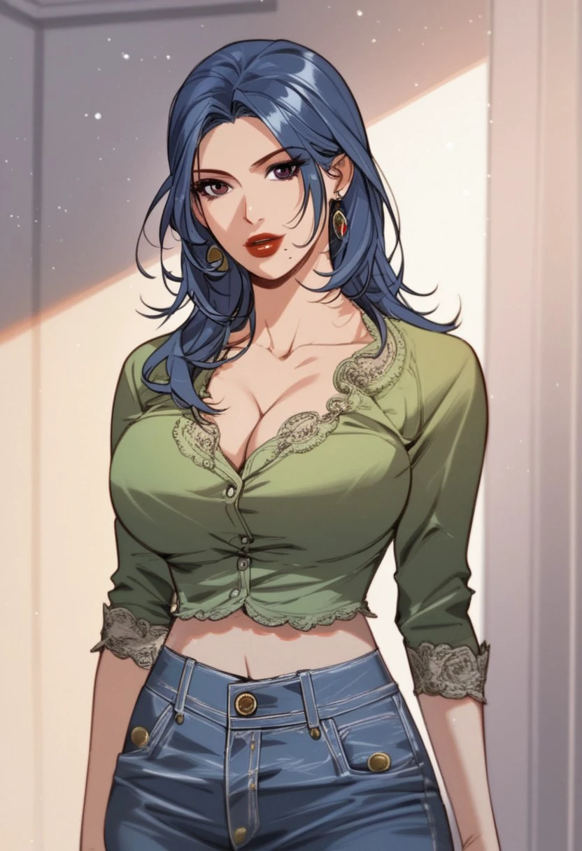 score_9, score_8_up, score_7_up, BREAK, HeShiqinq, blue hair, long har, purple eyes, large breasts, mole under mouth, red nails, red lips, makeup, CasualGreen, cleavage, green shirt, midriff, jeans, 1girl, solo,