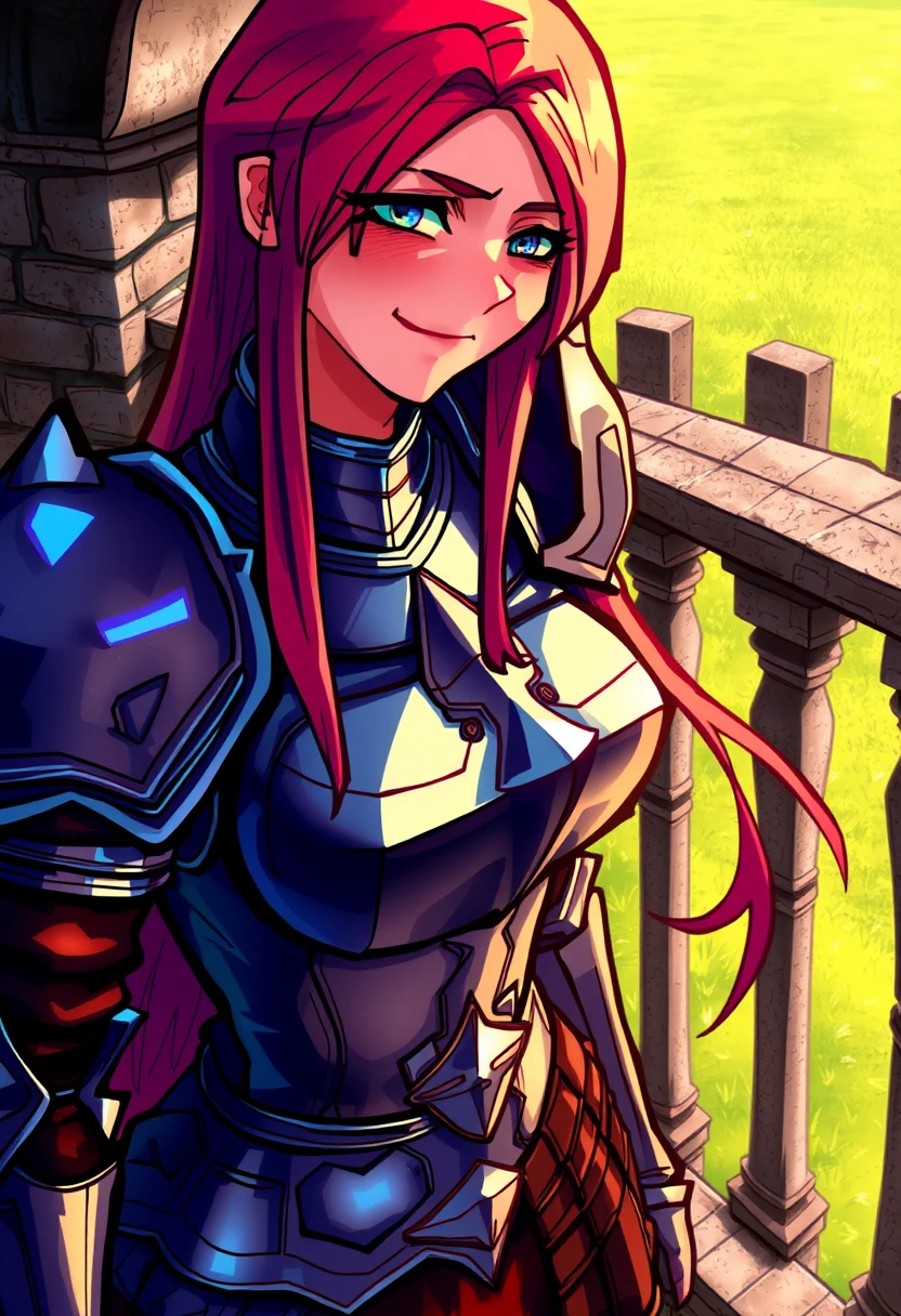 AlphaRecdyt \(Artist\), akuseru.sama \(Artist\), @AlphaRecdyt,  1 woman with long wispy ruby red hair and blue eyes, wearing a medieval knight armor with metal breast plates and metal pauldrons, close up waist up cinematic shot, smiling with eyeliner, background is a cobble stone balcony overlooking a grass field