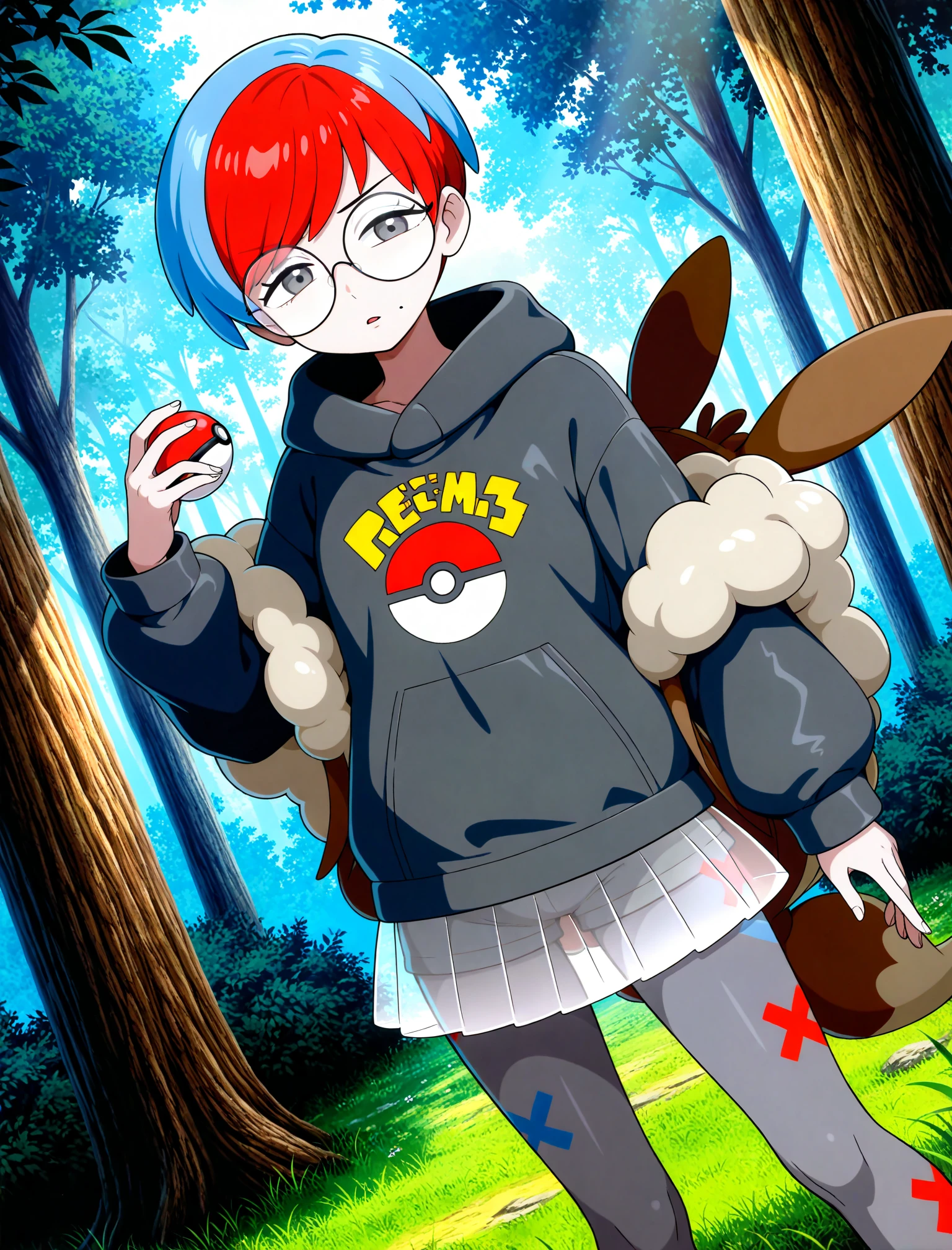 (sugimori ken \(style\):0.5), official style,
1girl, solo, 
penny \(pokemon\), pokemon sv, red hair, blue hair, multicolored hair, black hoodie, black glasses, round eyewear, black eyes, grey pantyhose, see-through skirt, 
dutch angle, posing, holding poke ball, official art, sunny outdoors, grass, forest, masterpiece, best quality, amazing quality, very aesthetic, absurdres