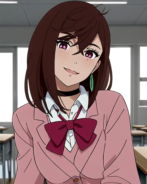 masterpiece, best quality, highres, 1girl, solo, brown medium length hair, layered hair with wispy ends, side-swept bangs, magenta/red eyes, pink blazer, white collar shirt, large red bow tie, black choker, mint green drop earrings, school uniform, slight blush marks on cheeks, expressive face, medium shot, beautiful detailed eyes, long eyelashes, clean lineart, soft shading, indoors, classroom lighting, slight head tilt, anime style, natural shadows, detailed facial features, sharp chin, light skin tone, professional lighting, detailed face, looking at viewer, full body, legs, heroic pose, smile, feel in love, fit body, <lora:Momo-Ayase-Dandadan-SD15:0.7>