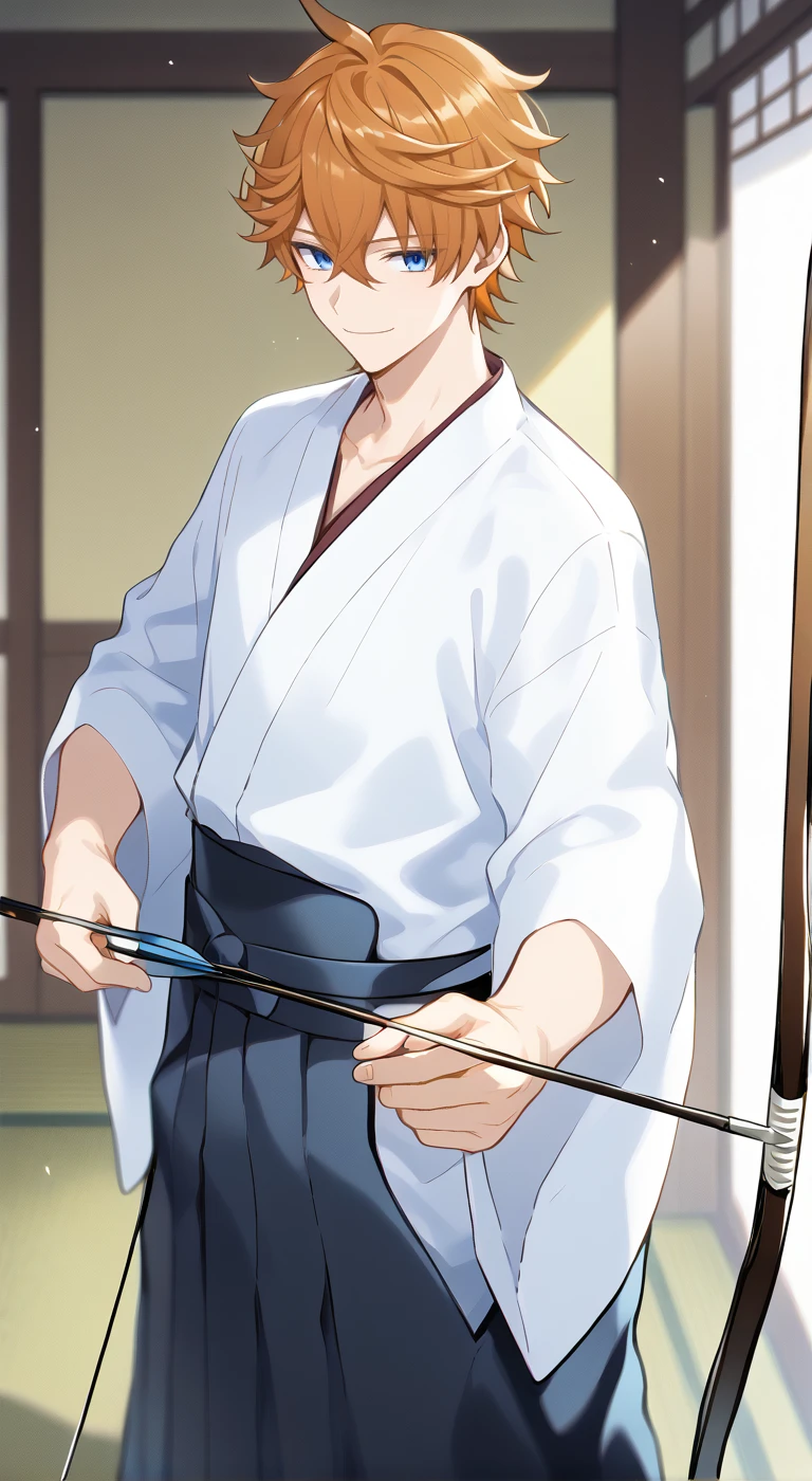 1boy,solo,male focus,japanese clothes,bow,bow (weapon),archery,kyuudou,hakama,kimono,tartaglia,orange hair,blue eyes,hair between eyes,smile,upper body