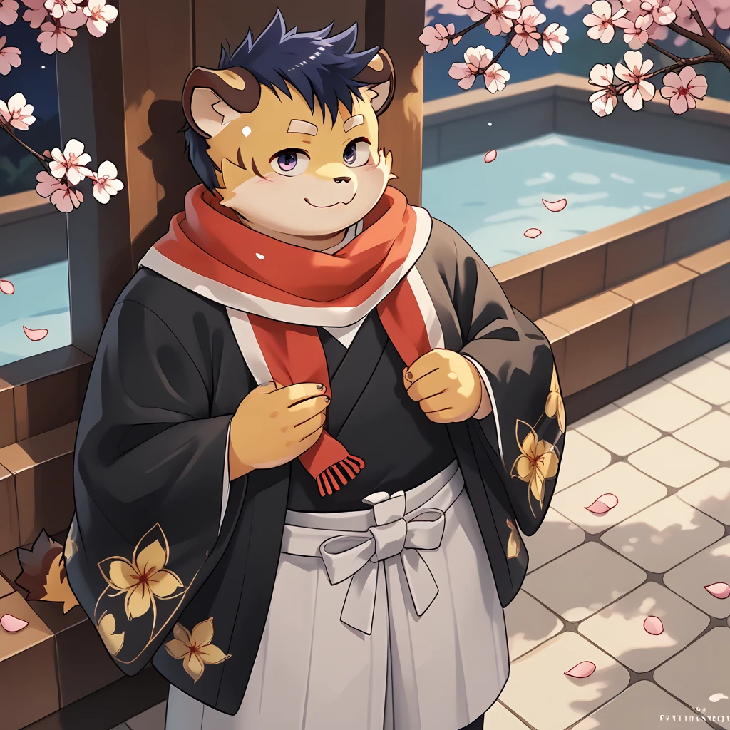 score_9, score_8_up, score_7_up, source_anime, masterpiece, best quality, perfect_eyes, <lora:kai-v4:0.8>, tkai, 1boy, anthropomorphism tiger, young, fat, solo, (colored) scarf, black_haori, black_kimono under clothes, white hakama, cherry blossoms, upper body, outdoors, night, petals, from above <lora:Eyes_Lora_Pony_Perfect_eyes:0.3> eye_focus, sfw,