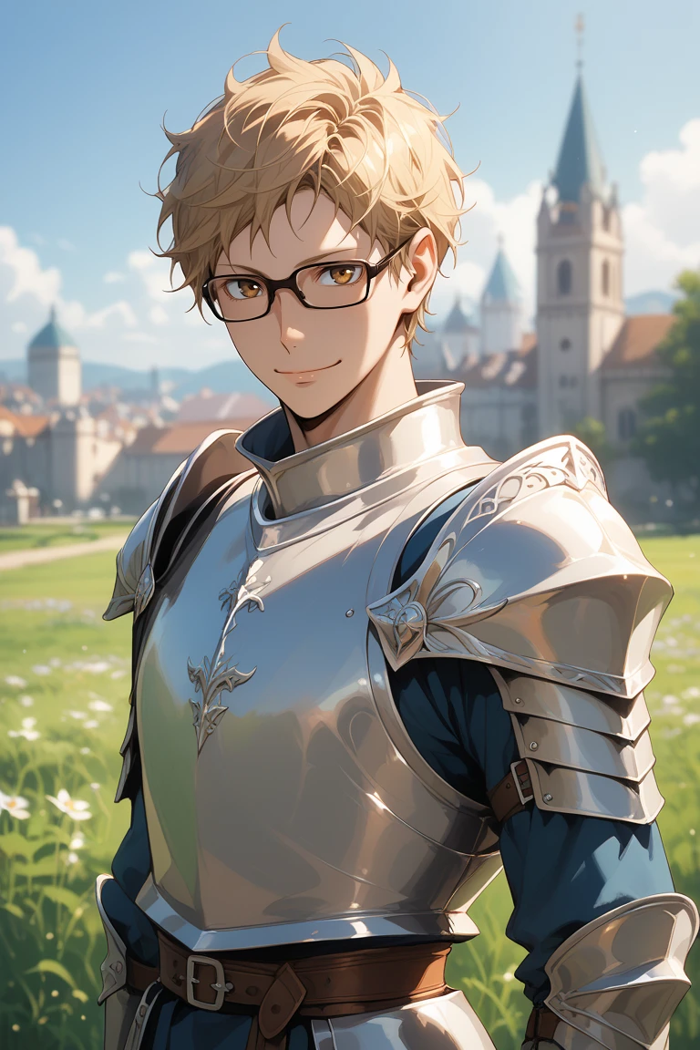 score_9, score_8_up, score_7_up, source_anime, rating_questionable, day, fantasy-medieval theme, male focus, cowboy shot, leaning back, arm at sides, looking at viewer, expressive face, smiling, KeiHU, blonde_KeiHU_short hair, black_KeiHU_glasses, brown_KeiHU_eyes, closed mouth, pauldron, breastplate, armor, knight, 1boy, blurry outdoors, grass, city wall-gate, scenery, intricately detailed illustration, atmospheric perspective, depth of field