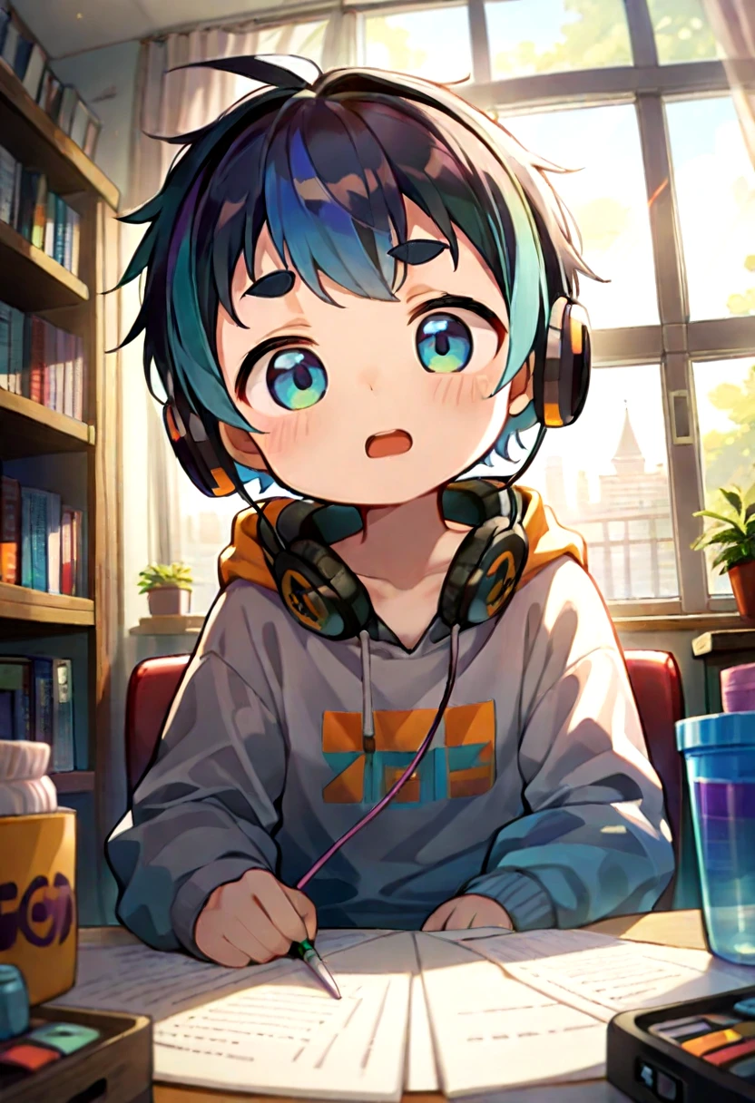 petite, young, solo, child, anime style,
 <lora:cutifiedanimecharacterdesign_variant_type_H_IL_v10:1>
type-h,  solo, looking at viewer, blush, short hair, open mouth, blue eyes, long sleeves, 1boy, dark blue hair, male focus, multicolored hair, indoors, hood, two-tone hair, window, hoodie, headphones, thick eyebrows, bookshelf