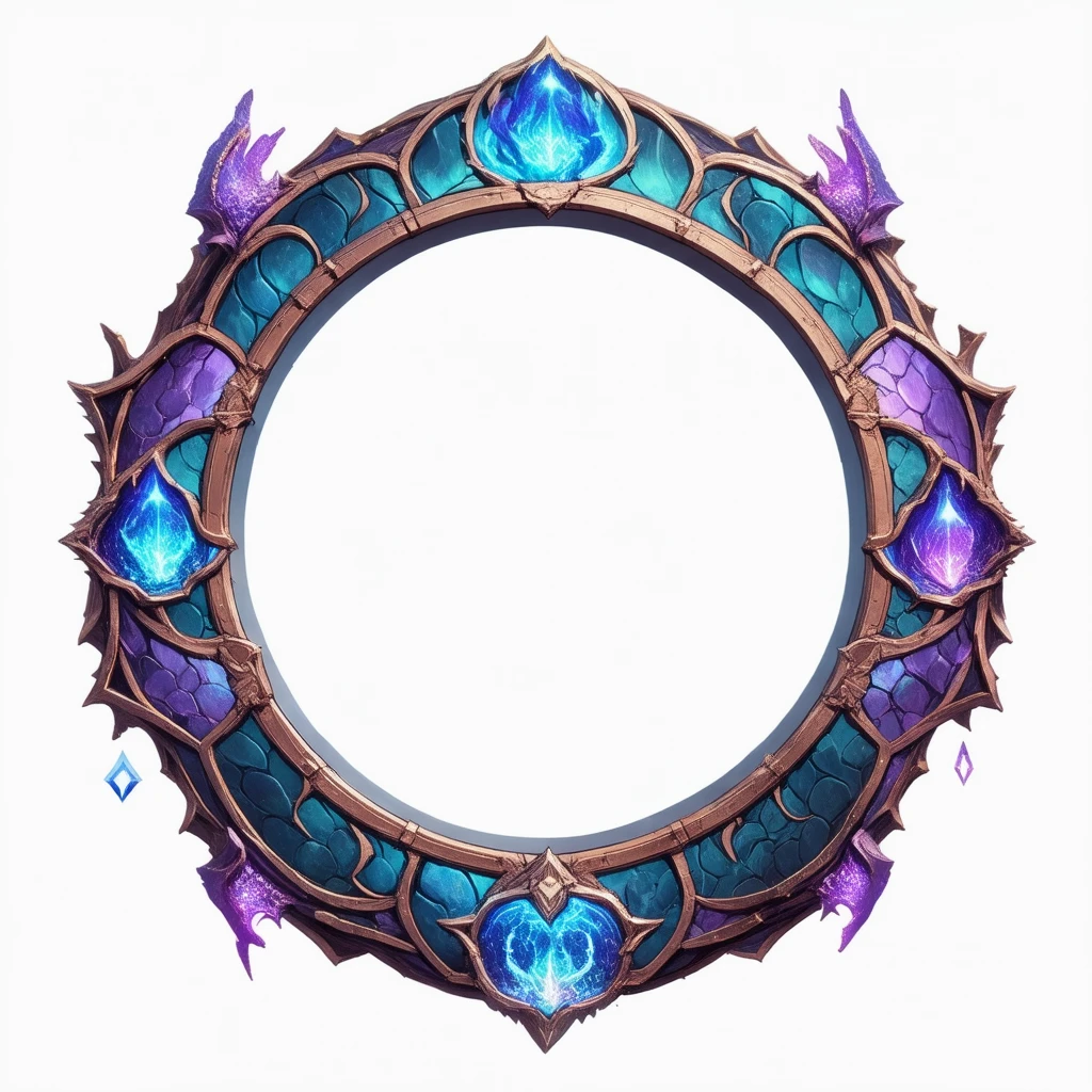 a circular tokenframe on a white background with an empty white centre.
the design is pearlescent dragonscale with magic elements