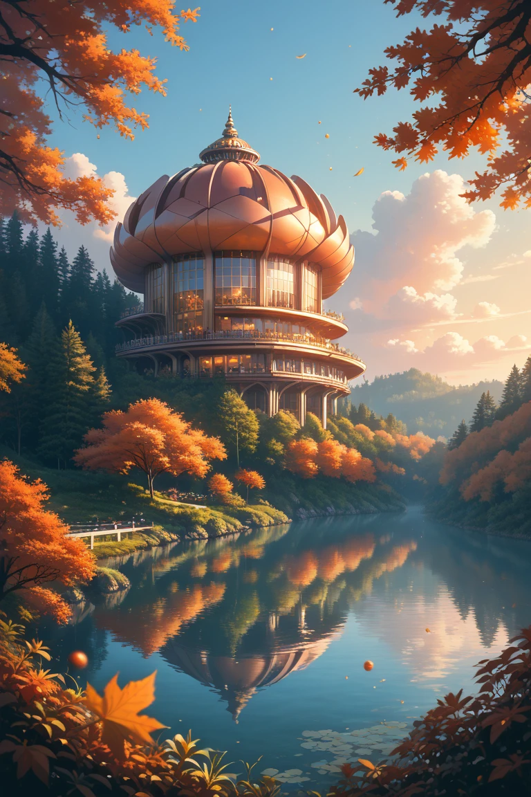 score_9, score_8_up, score_7_up, source_anime, rating_safe, day, natural lighting, afternoon, orange sky, sunset, autumn theme, autumn leaf, water ripples, fantasy-flower structure focus, Daflower, Daflower_architecture, Nclutter, floating structure, lake, forest, scenery, intricately detailed illustration, atmospheric perspective, depth of field