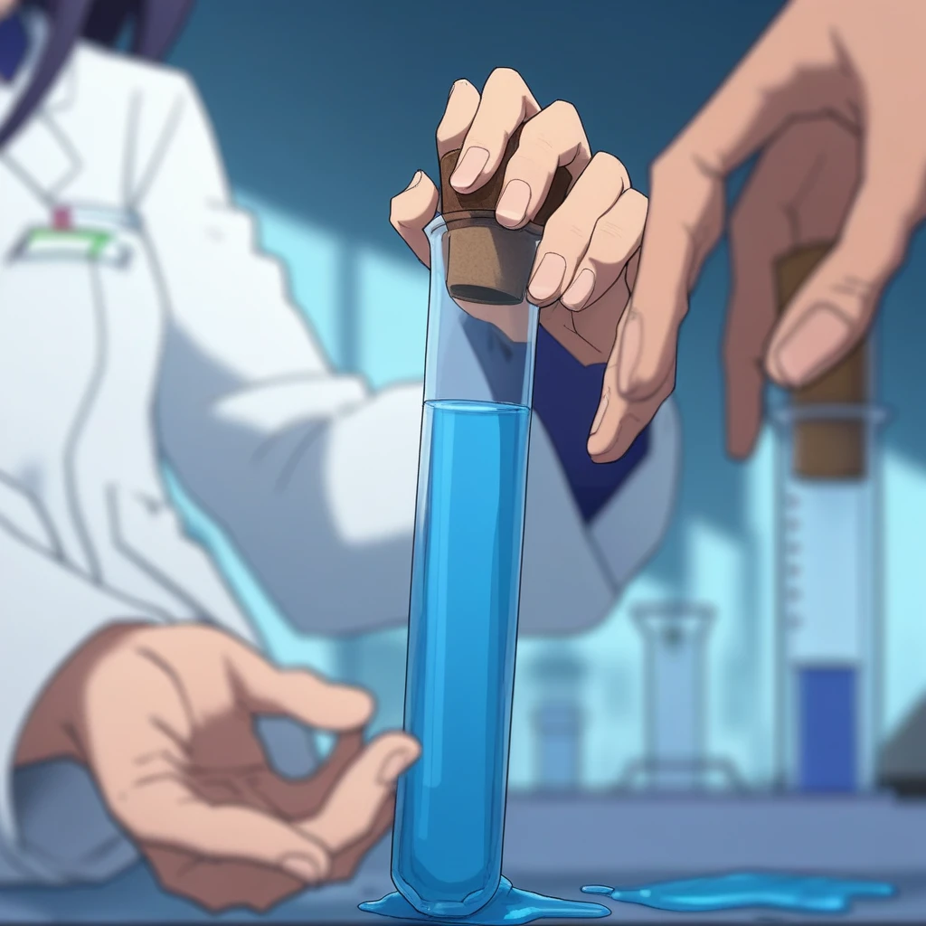 girl's hand, holding, test tube, one test tube, full, blue liquid, cartoon, cork, stopper, depth of field, labcoat, 1girl