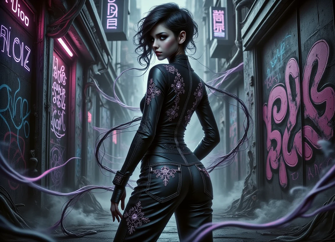 A cyberpunk girl wearing a sleek black jumpsuit with high waist, oversized fit, and back pockets, adorned with intricate embroidery details, posing in a dimly lit alleyway with graffiti-covered walls and cityscape in the background, surrounded by neon lights and subtle DonM16h75h4d3fx-inspired patterns.