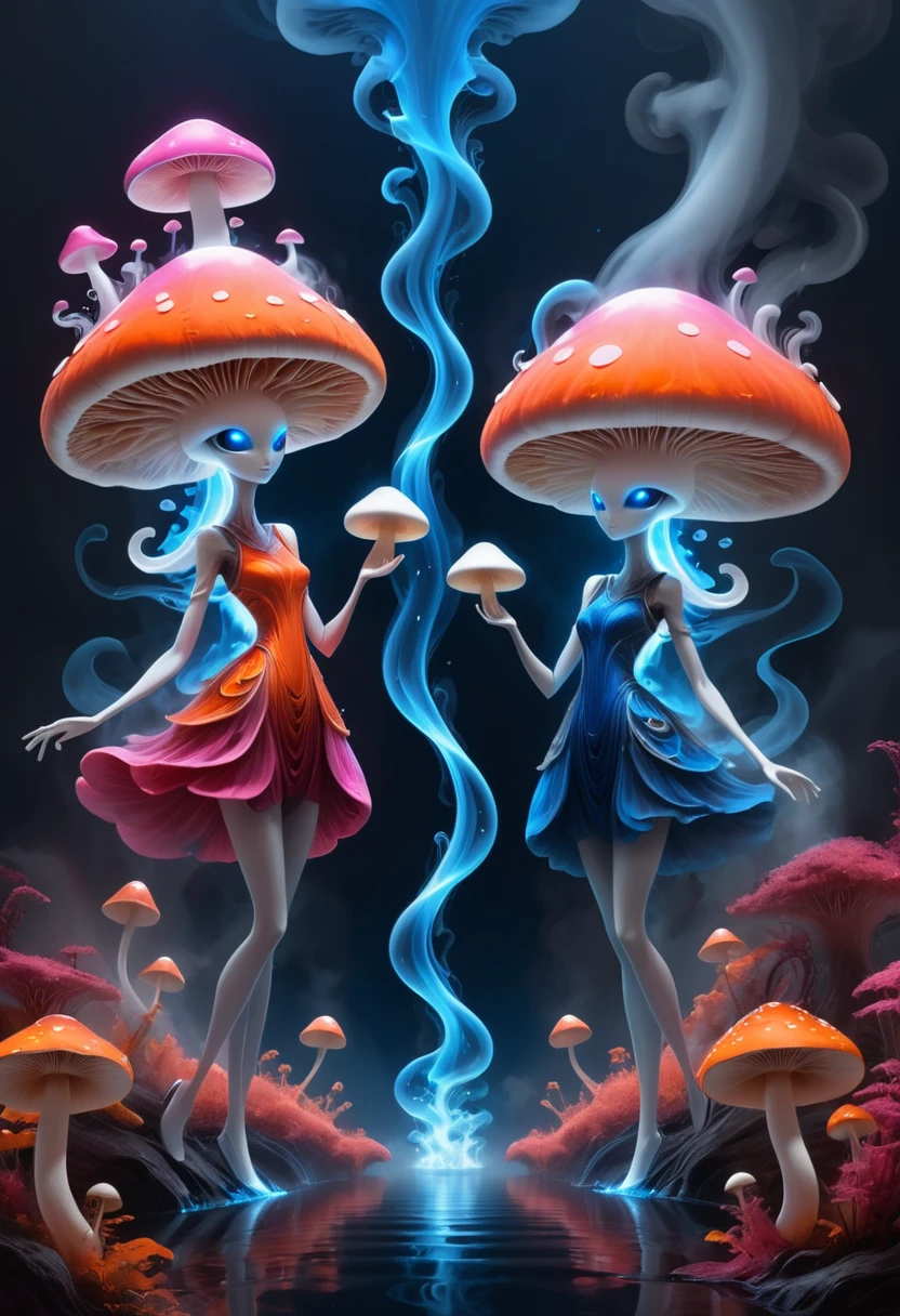 Stylized figures with flowing, abstract elements surrounding them, Mushroom-headed humanoids with glowing eyes, Two slender aliens with white mushroom-shaped heads, with smoke between them, one in a glowing orange dress and the other in a deep blue, and the other is made of water, and pink, against a dark gray background, red, in the fantasy style, in a colorful digital art style, and fluid organic shapes, with smoke around the figures   masterpiece, detailed, best quality, absurd resolution,    <lora:artfully_ALIENDANCE:0.8>