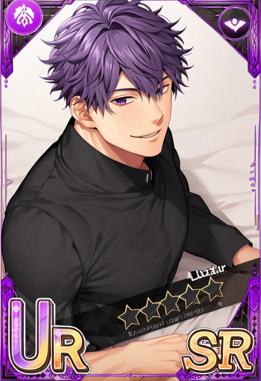 Aacards, solo, looking at viewer, smile, short hair, muscular male, otome, curly hair, purple hair, male focus, lying, black shirt, on side, sr, 5starts