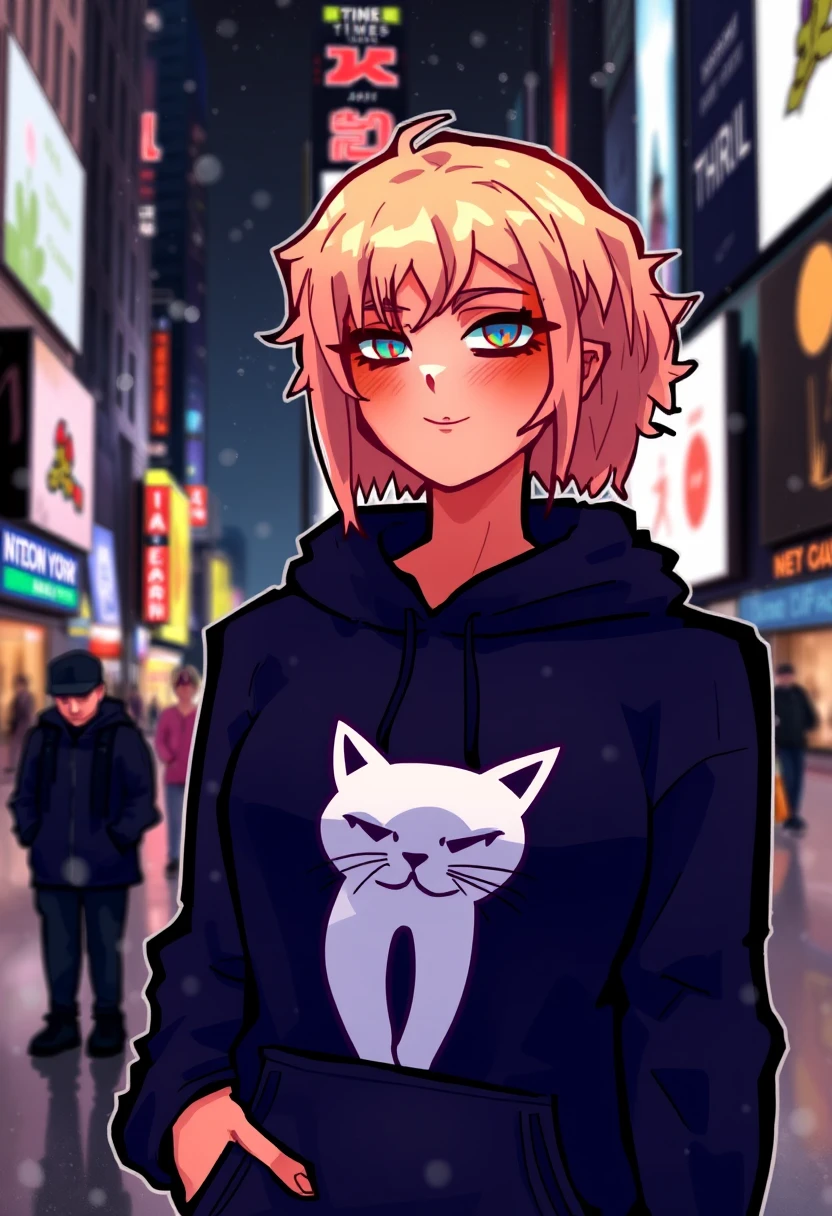 AlphaRecdyt \(Artist\), akuseru.sama \(Artist\), @AlphaRecdyt, 1 woman with short blonde curly hair, black hoodie with a minimalistic cat design on the front, wearing with eyeliner, background is a street view of Newyork times square at night, neon signs in the background, it is snowing