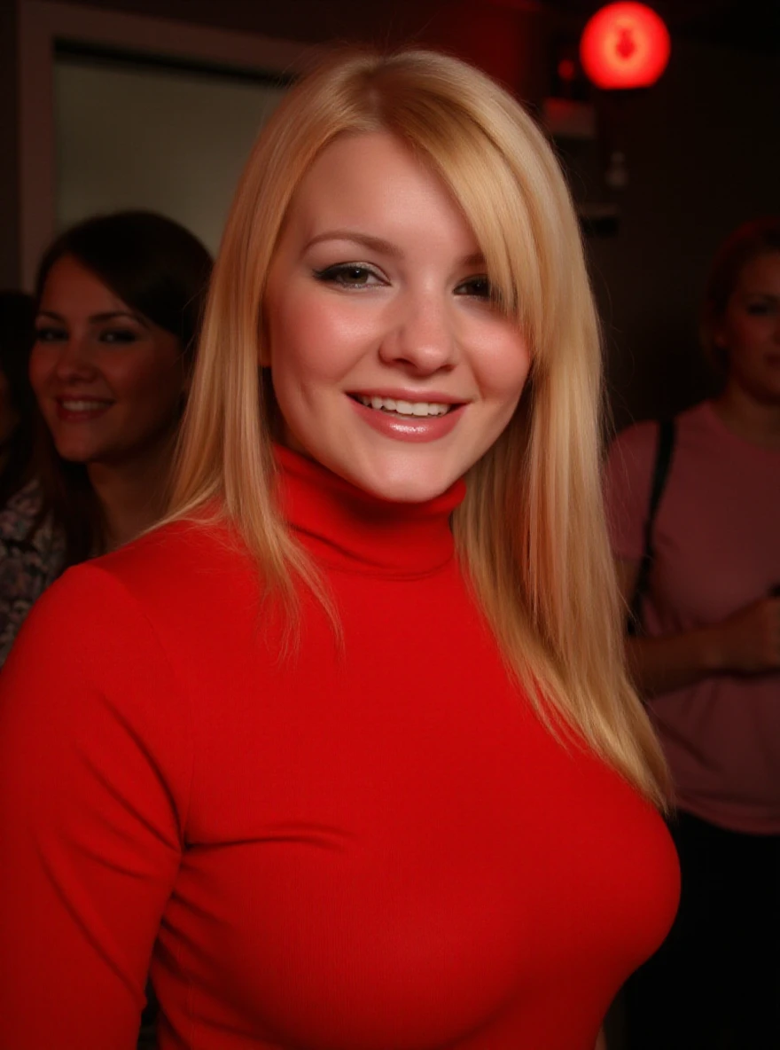 Portrait photo of f41thn3ls0n woman smiling happy, light red turtleneck blouse, in a night club, makeup

